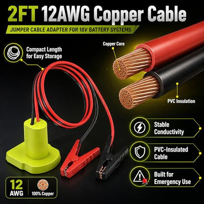 Jumper Cables Adapter Compatible with Ryobi 18V Battery, 12AWG 2FT Battery Jumper Cable with Alligator Clamps, Emergency Booster Cable for Compact Cars, Motorcycles, ATVs and Lawn Equipment