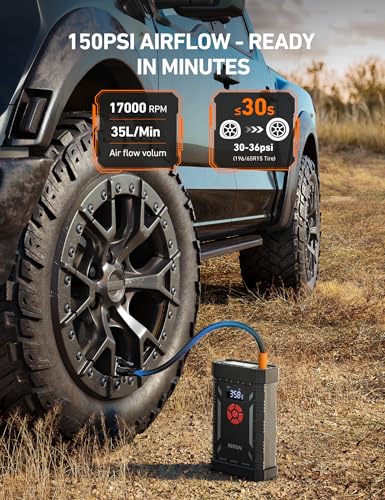 AstroAl A30 Jump Starter with Air Compressor, 4000A &150PSI Portable Car Battery Jump Starter (10.0 Gas/8.0LDiesel) with Tire Inflator, 12V Battery Charger, 18W Quick Charge, Jumper Cables, Lights - color: A30-Red