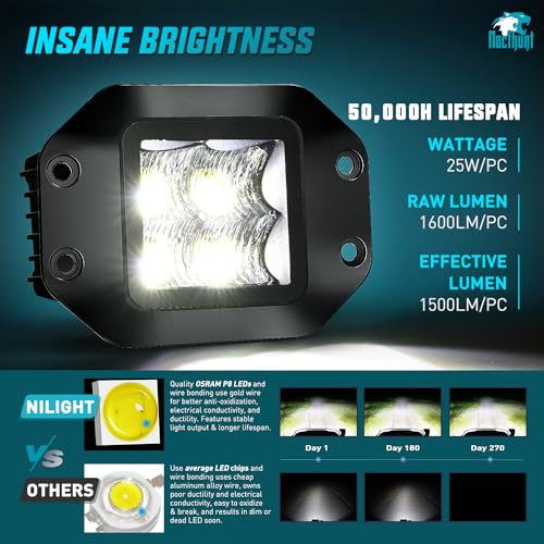 Nilight Flush Mount LED Pod Lights 2 PCS 4.7 Inch 4LED Flood Beam Backup Reverse Offroad Driving Bumper Work Grill Light for Truck ATV UTV - color: 4.7Inch 4Led Flush Mount Light