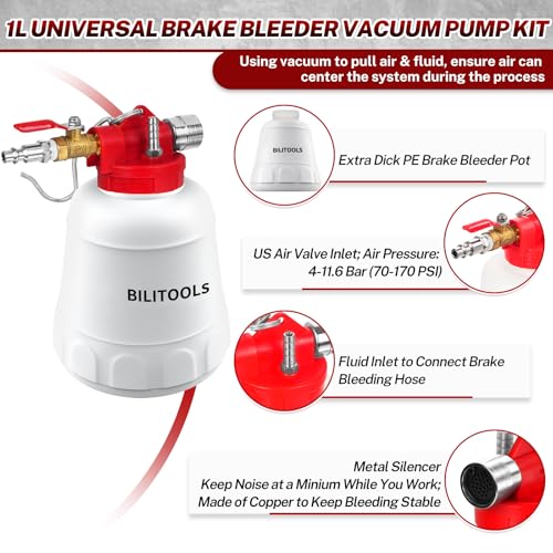BILITOOLS 1L Universal Brake Bleeder Kit, Vacuum Brake Fluid Bleeding Tool | Pneumatic One Person Brake System Clutch Fluid Extractor Kit, Quick, Clean & Efficient - style: 1L Pneumatic Brake Bleeder Tool