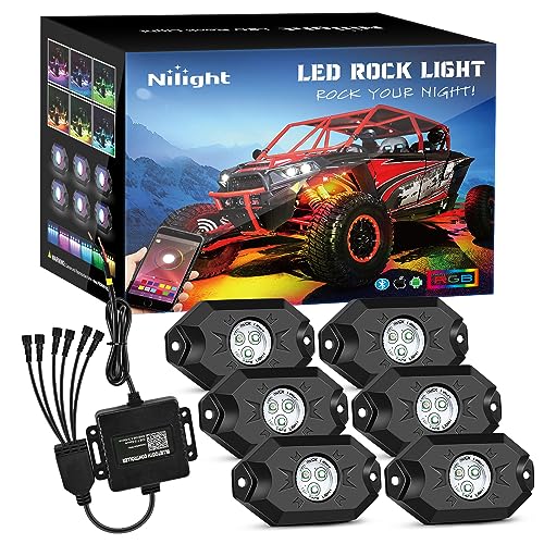 Nilight RGB LED Rock Lights Kit, 6 pods Underglow Multicolor Neon Pod with Bluetooth App Control Flashing Music Mode IP68 Exterior Wheel Well Light for Truck ATV UTV RZR SUV - color: RGB 3LED, size: 6 Pods