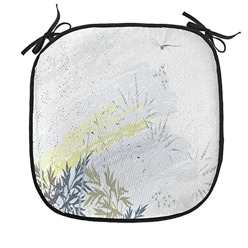 Lunarable Dragonfly Chair Cushion Pad, Wild Herb Grass Field Distressed Background with Dragonflies Lifestyle Graphic, Seat Padding for Kitchen & Patio with Anti-Slip Backing, 16"x16", Grey Green - color: Grey Green, size: Pack of 1