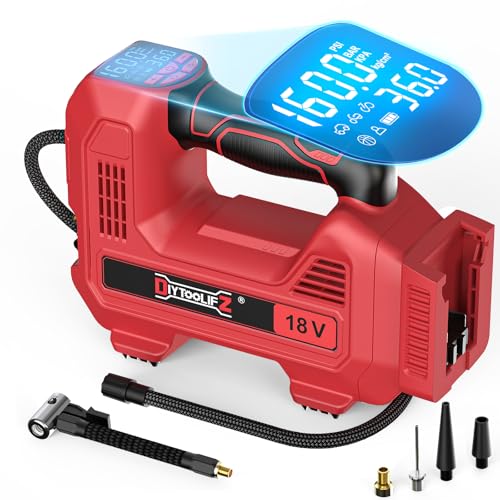 DIYtoolifz 160PSI Cordless Tire Inflator Compatible with Milwaukee 18V Air Compressor, Portable Air Pump Automatic Shut Off, LED Light, Digital Pressure Gauge for Cars Motorcycles Bikes (Tool Only) - color: Red-compatible With Milwaukee, size: 160 PSI