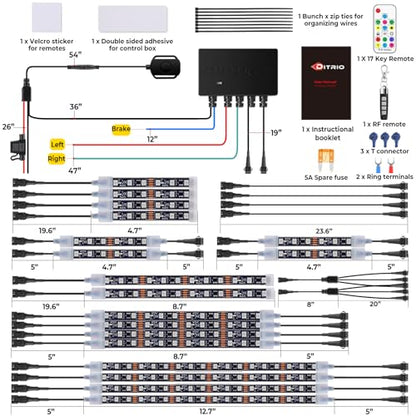 18PCS Motorcycle Led Underglow Kit with Brake Turn Signal, Motorcycle RGB Lights with DITRIO APP/RF Remote Control, Dual Zone,12V Waterproof Pixelglow Effects for Motorcycles, Golf Carts,UTVs, Boats - size: 18 PCS(New 3 Control Mode)