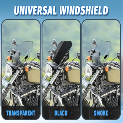 Motorcycle Universal Windshield 16.7” Windscreen Compatible with Yamaha Harley Honda Kawasaki Suzuki BMW Vulcan Cruiser Wind Deflector with 7/8" 1" 1 1/8" Handlebars, Black - color: Black