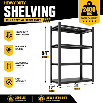 Heavy Duty Garage Shelving, 4-Tier Metal Garage Storage Shelves, Adjustable Steel Shelving Unit, Storage Rack for Garage Warehouse Pantry, Black, 31" W x 12" D x 54" H - size: 4TIER-31"W X 12"D X 54"H