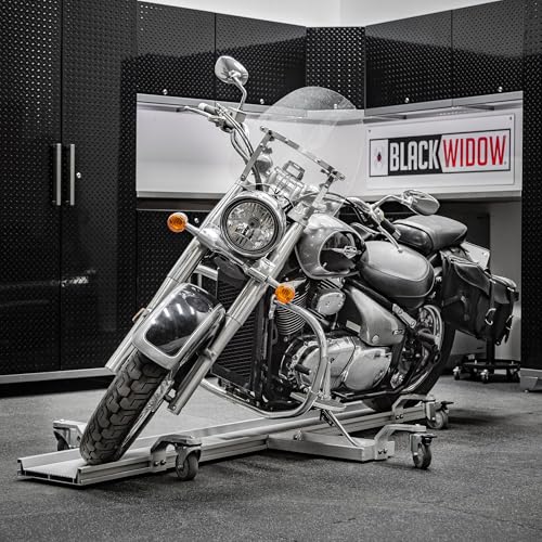 Black Widow Pro Motorcycle Dolly Strong Lightweight Aluminum 1,500 lb. Weight Capacity Fully Adjustable Kickstand Plate Locking Casters