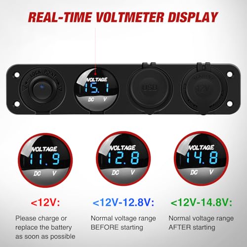 Nilight 4 in 1 Outlet Socket Panel 12V DC 4.8A Dual USB 12 Volt Cigarette Lighter LED Voltmeter ON Off Rocker Toggle Switch for Marine Boat Truck Car - color: 4 in 1 Blue