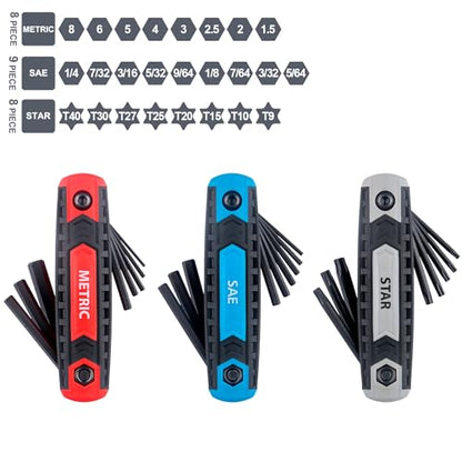 25-Piece Complete Folding Hex Key Wrench Set, Metric 1.5mm - 8mm, SAE 5/64” - 1/4”, Star T9 - T40 | Cr-V Steel, Precise and Chamfered Tips | 3 Pack All-Purpose Portable and Compact Allen Wrench Tools - size: 25-Pc. Folding Hex Key