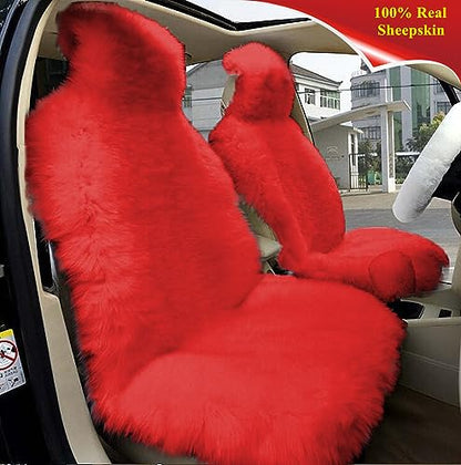 Winter Warm Authentic Australia Sheepskin Car Seat Cover Luxury Long Wool Front Seat Cover Fits Most Car, Truck, SUV, or Van (Red) - color: Red