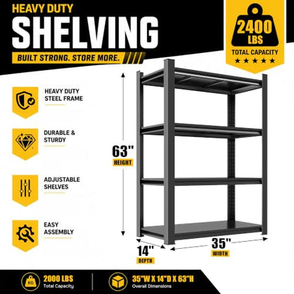 Metal Garage Shelving 4 Tier, Adjustable Heavy Duty Garage Storage Shelves, Steel Metal Shelving Unit for Garage Basement Pantry Warehouse, Black, 35" W x 14" D x 63" H - size: 4TIER-35"W X 14"D X 63"H