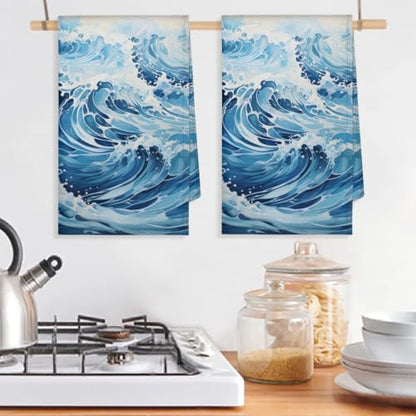 Ocean Waves Kitchen Towels Set of 2 Summer Sea Dish Towels Bar Absorbent Cleaning Tea Towel for Home Dining Restaurants - color: Blue