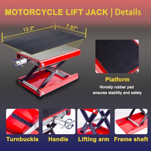 Motorcycle Lift Scissor Jack, Motorbike Jack with 1100lb Capacity Wide Deck Motorcycle Center Stand, Steel Scissor Jack for Street Bikes, Cruiser Bikes, Touring Motorcycles, Red