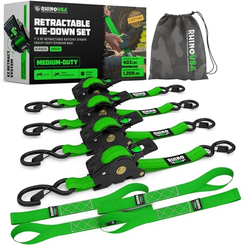 Rhino USA Retractable Ratchet Straps (4-Pack) - 1 Inch x 10 Feet (1,209lb Break Strength) - Auto Self Retracting Tie Down Straps for Truck, Cargo Trailer, Motorcycle, ATV, UTV - Green - color: Green, size: 4 Pack