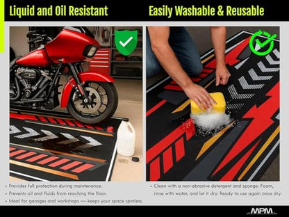 MPM Motorcycle Mat for American Motorcycles - Washable Non - Slip Oil & Water Resistant Parking Pitmat for Garage, Showroom, Work (Size 2: 102 x 47/260 x 120cm) - size: 3'11" x 8'6"