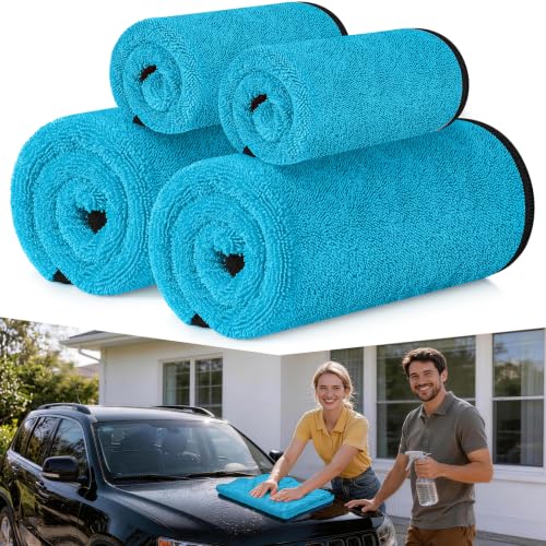 Bolant 4 Pack Twisted Loop Car Drying Towel, Microfiber Towels for Cars 24"x36", Reusable Shammy Quick Dry Cloth for Auto, Boat, Kitchen, Windows & Bathroom（Blue） - color: Blue