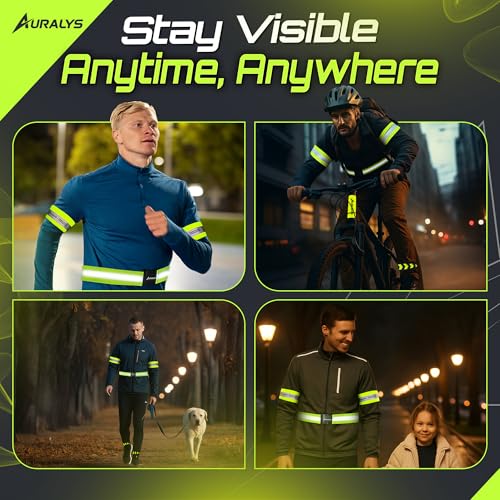Auralys® 4 in 1 Reflective Running Gear, Adjustable Belt, Arm Bands, Ankle Straps & Bike Stickers for Night Visibility, Safety Gear, Reflective Tape Straps for Clothing, Night Dog Walking, Cycling