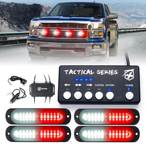 Xprite White Red LED Surface Mount Strobe Lights Kit, w/Control Panel Emergency Safety Warning Flashing Grille Cop Marker Light Assembly for Vehicles Trucks ATV UTV Motorcycle 4PCS - color: White Red, size: 4PCS