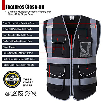 Class 2 Retro-Reflection Safety Vests 9 Pockets and Front Zipper ANSI/ISEA 107-2015 (Black-03, Large) - color: Black, size: Large