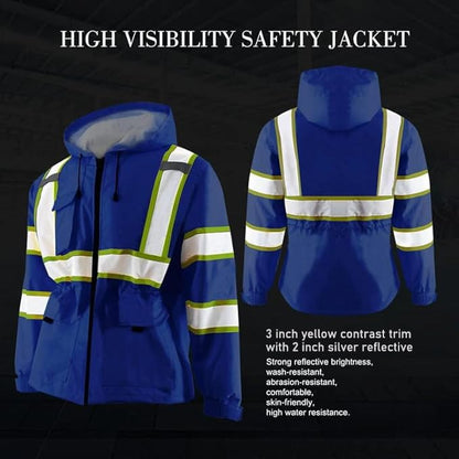 KARXICIY ZUJA Hi Vis Reflective Safety Jacket for Men Women Construction Jacket with Hood High Visibility Safety Rain Jacket - color: Blue, size: Small