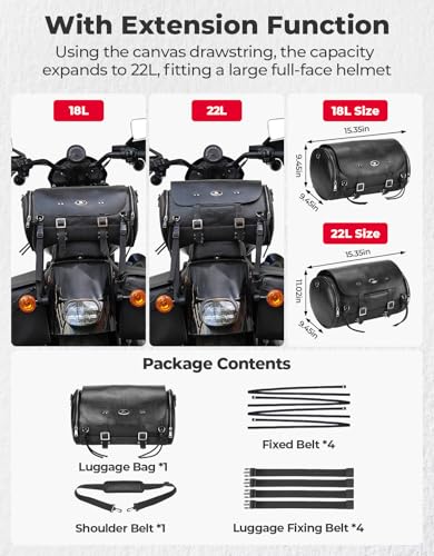 KEMIMOTO Motorcycle Tail Bag, PU Leather Motorcycle Rear Seat Bag, Waterproof Waxed Drawstring Canvas 18-22L Expandable Motorbike Luggage Storage for Sportster Softail Dyna V-star Shadow