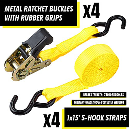 Cartman Ratchet Tie Down, 4Pk 15Ft, 500Lbs Load Cap/ 1500Lbs Break Strength, Cargo Straps for Moving Appliances, Lawn Equipment, Motorcycle in a Truck, with Carry Bag - style: 4PC