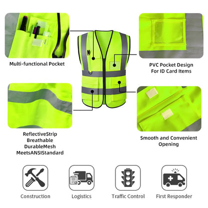 Reflective Safety Vest for Women Men High Visibility Security With Pocket Zipper Front Meet ANSI/ISEA Standard - color: Green(cloth), size: Large