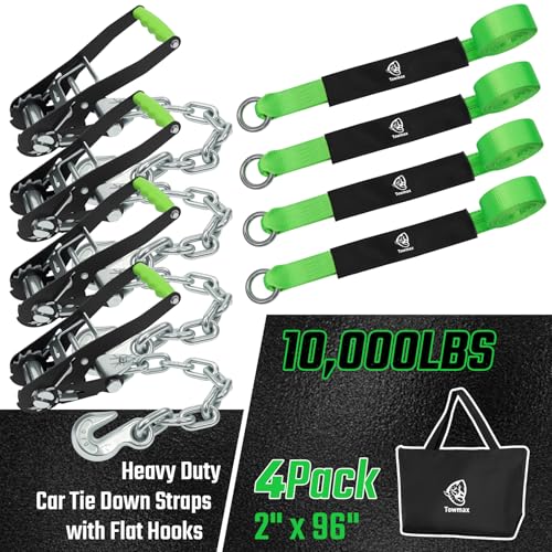 4 Pack Car Tie Down Straps for Trailers - 2" x 8' Heavy Duty Tire Straps with Chain Anchors - 10,000lbs Break Strength, Adjustable Lasso Style Wheel Straps for Hauling Cars, Truck, UTV(Green) - style: Chain Anchors
