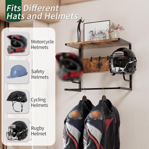 Helmet Storage Wooden Rack Wall Mount,Entrance Hall Motorcycle Helmets Hat Hanger,Multifunction Helmet Display Holder,Durable Beautiful,with 4 Glove Clips,for Helmets Gloves Keys (B) - color: B