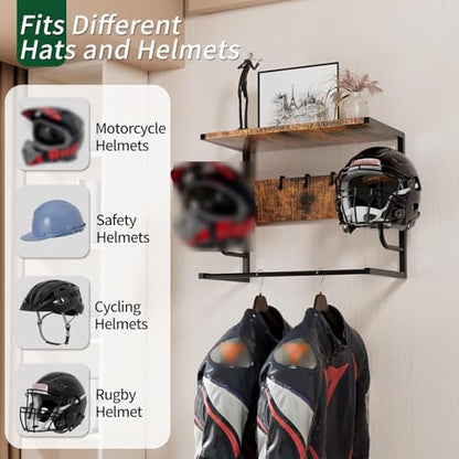 Helmet Storage Wooden Rack Wall Mount,Entrance Hall Motorcycle Helmets Hat Hanger,Multifunction Helmet Display Holder,Durable Beautiful,with 4 Glove Clips,for Helmets Gloves Keys (B) - color: B