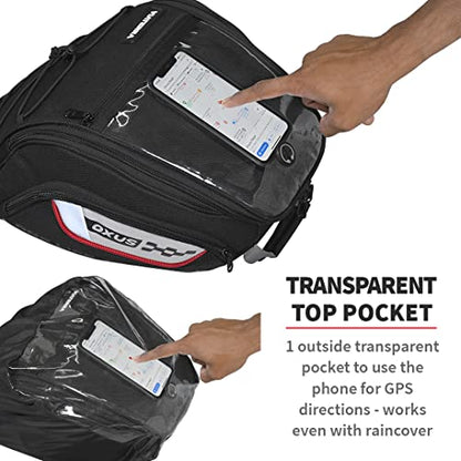 ViaTerra OXUS MOTORCYCLE TANK BAG (STRAP BASED) |13L Capacity | Converts to Backpack, Scratch-Free Base, EBC Net, External Rain Cover | Universal Fit for Touring & Adventure Riding