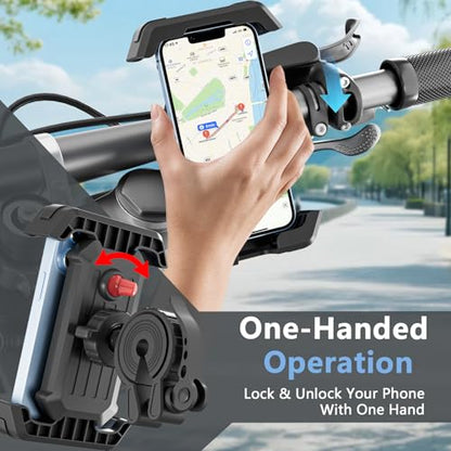 Bike Phone Holder, Anti-Shake Motorcycle Phone Mount with Security Lock, Handlebar Cell Phone Clamp for Bicycle Scooter Ebike Stroller for iPhone 16 15 14 Pro Max, 4.7-6.8" Phones