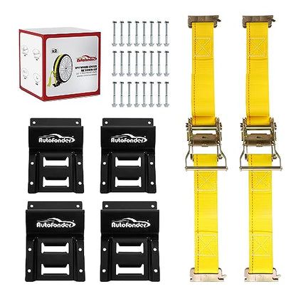 Wheel Chock Tie Down Kit (4,500lb Break Strength) Heavy Duty Trailer Tire Straps System for ATV, UTV, Lawn Mower & More - Ratchet Tie Downs Accessories with E Track for Four Wheeler - style: 2-Wheel Chock Set