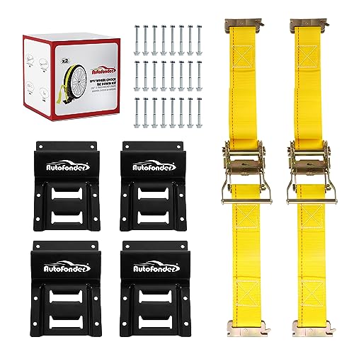 Wheel Chock Tie Down Kit (4,500lb Break Strength) Heavy Duty Trailer Tire Straps System for ATV, UTV, Lawn Mower & More - Ratchet Tie Downs Accessories with E Track for Four Wheeler - style: 2-Wheel Chock Set