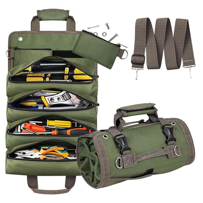 Roll Up Tool Bag, Heavy Duty Portable Soft Tool Storage with 2 Detachable Pouches,guy gifts for Him Dad Men Mechanic Welding, Green