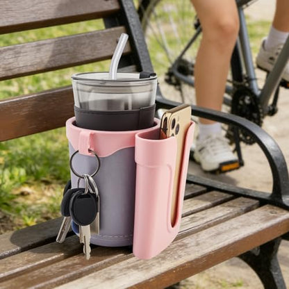 3-in-1 Bike Cup Holder with Cell Phone Keys Hook -Universal Water Bottle Holder for Walker/Wheelchair/Stroller/Scooter, Fits 0.87" Round Handlebar and 2.7" Cup Base,Gray Pink - color: grey pink