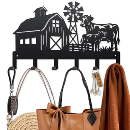 MAYJOYDIY Farmhouse Metal Key Hook Cows Livestock Coat Rack Wall Mounted 15.7×9.8inch Art Wall Decor Key Holder Organizer Rack with 6 Hooks for Gift Coats Hats Towels Bags Hanging - style: Farmhouse