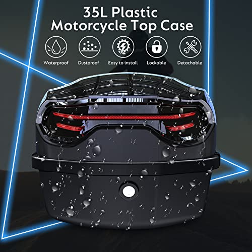35L Motorcycle Top Case, Motorcycle Daily Tail Box Trunk Lockable Storage Carrier Plastic Case with Soft Backrest Universal Mounting for Helmet Luggage, Waterproof Motorcycle Top Box - Black