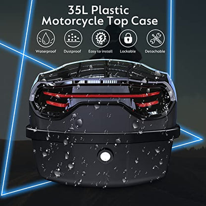 35L Motorcycle Top Case, Motorcycle Daily Tail Box Trunk Lockable Storage Carrier Plastic Case with Soft Backrest Universal Mounting for Helmet Luggage, Waterproof Motorcycle Top Box - Black