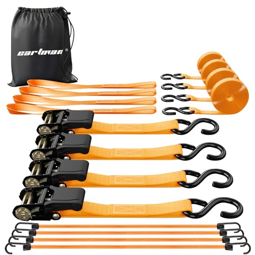 Cartman 1" x 15' Ratchet Tie Down up to 1500lbs 4pk in Carry Bag, with 18" Soft Loop Tie-Down Straps & 32" Bungee Cord - style: 4PK Orange