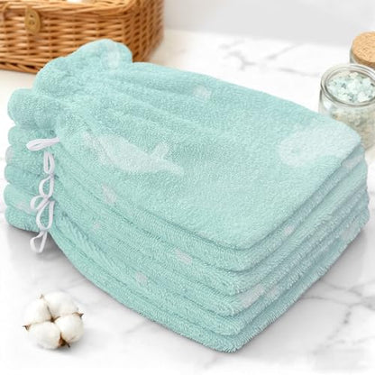 VOOVA & MOVAS Kids Bath Mitts 6-Pack, 100% Cotton Soft Absorbent Wash Cloths with Hanging Loop, 8.3x6.3 Inch European Style Bath Mitt for Toddler Shower, Green Dino - color: Green Dino