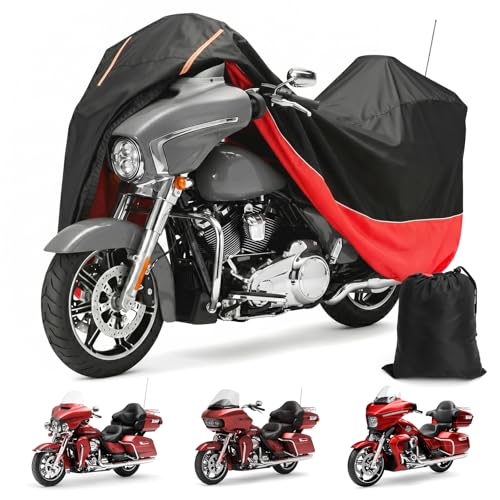 Indoor Outdoor Waterproof Motorcycle Cover with Side Top Box Heavy Duty 420D Oxford Fit for Harley Davidson Touring Ultra Limited Street Glide Road Glide Electra Glide (116" x 47" x 53") - color: Red