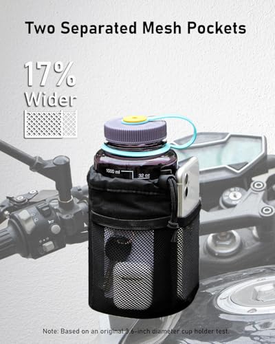 Belinous Motorcycle Cup Holder with 0.75"-1.5" Alligator Clamp, Drink Holder up to 32oz with Mesh Pockets, Universal Water Bottle Holder for Motorcycle, Bicycle, ATV, Wheelchair, e-Bike, Boat (Black) - size: Large