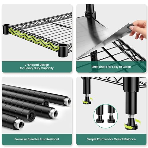 5-Tier Storage Shelves 72" H Wire Shelving, Adjustable Metal Shelving Pantry Shelves, 1325LBS Heavy Duty Rack with Shelf Liners for Garage Commercial Kitchen, 36" W x 14" D x 72" H, Black - size: 36" W x 14" D x 72" H-5 Tier
