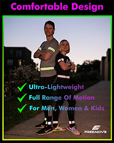 FREEMOVE Reflective SASH with 2 Bands - or - Reflective Runners Waist Belt with 4 Arm Bands > Easy to Put On/Off Reflective Gear for Guaranteed Visibility & Safety for Dog Walking, Running, Cycling - color: Pink BELT and BANDS