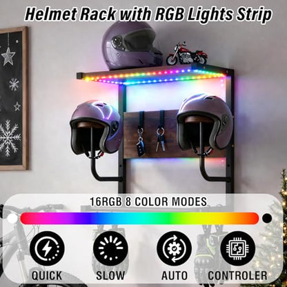 Motorcycle Helmet Rack Wall Mount with Light, Black & Steel Motorcycle Helmet Rack With RGB Light, Waterproof Heavy Duty Helmet Display Shelf for Jackets, Gear & Motorcycle Accessories Storage - size: Small