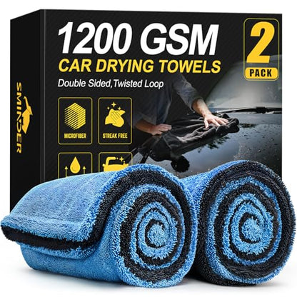 SMINDER 2-Pack 1200 GSM Car Drying Towels – Microfiber Towels for Cars (36" x 24"), Ultra-Absorbent, Streak-Free, Scratch-Free, No Water Spots, Double-Twist Pile & Edgeless Design(Blue) - color: Blue