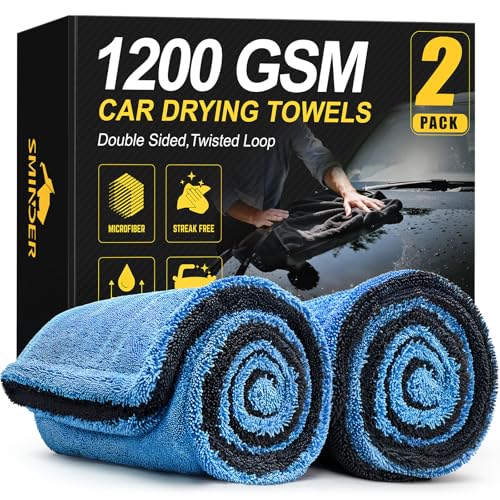 SMINDER 2-Pack 1200 GSM Car Drying Towels – Microfiber Towels for Cars (36" x 24"), Ultra-Absorbent, Streak-Free, Scratch-Free, No Water Spots, Double-Twist Pile & Edgeless Design(Blue) - color: Blue