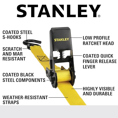 STANLEY S9500 Black/Yellow 1" x 10' Ratchet Straps - Light Cargo (300 lb Working Load / 900 lb Break Strength), 4 Pack - size: 1" x 10'