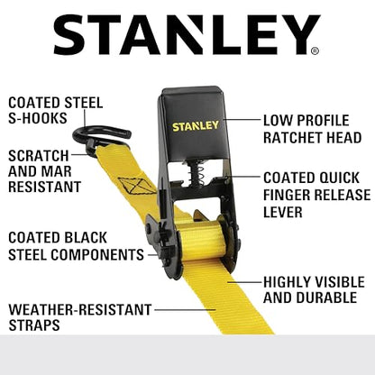 STANLEY S9500 Black/Yellow 1" x 10' Ratchet Straps - Light Cargo (300 lb Working Load / 900 lb Break Strength), 4 Pack - size: 1" x 10'